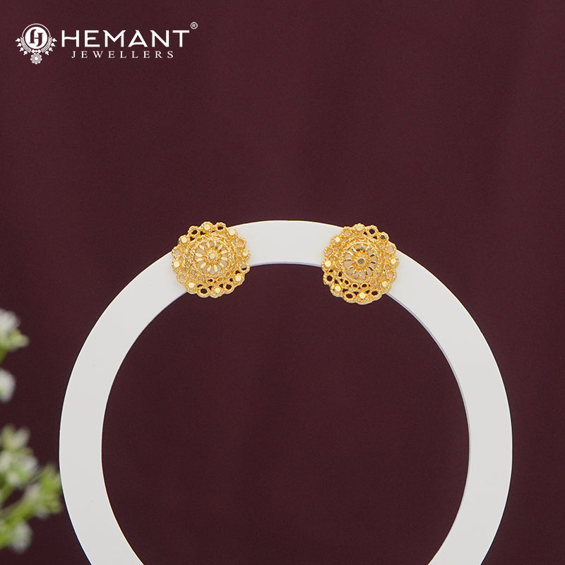 Gold-Finish Round Stud Earrings | Intricate Embossed Design - 4965