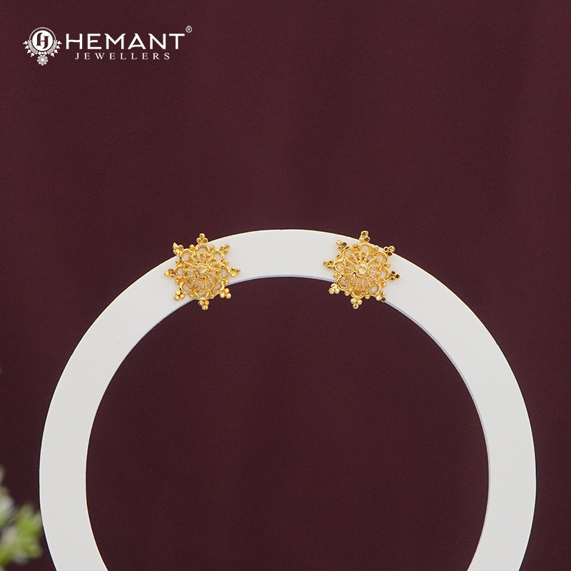 Gold-Finish Round Stud Earrings | Intricate Embossed Design - 4966