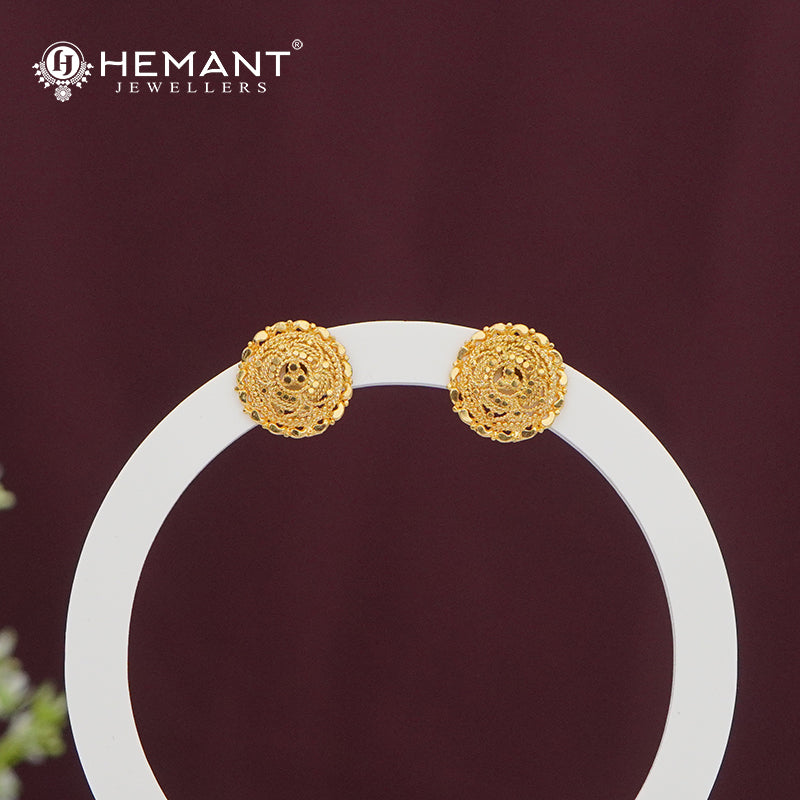 Gold-Finish Round Stud Earrings | Intricate Embossed Design - 4967