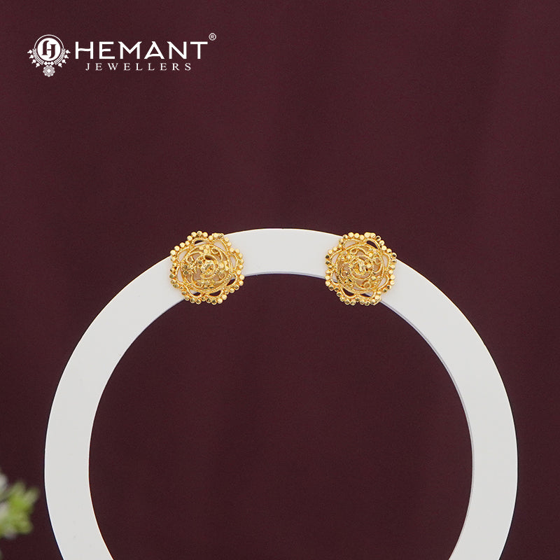 Gold-Finish Round Stud Earrings | Intricate Embossed Design - 4971