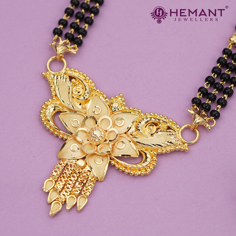 Forming Gold Maharashtrian Long 30" Mangalsutra with Wide Floral Pendant & Carved Golden Bead Segments - 4972