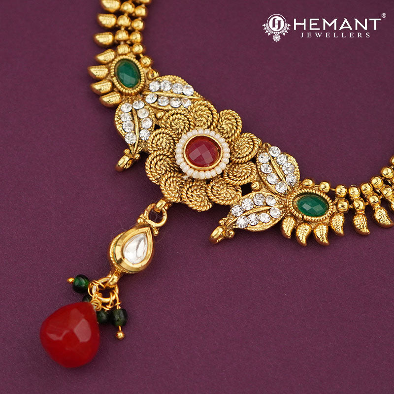 Traditional South Indian Necklace/Haram Set with Floral Pendant