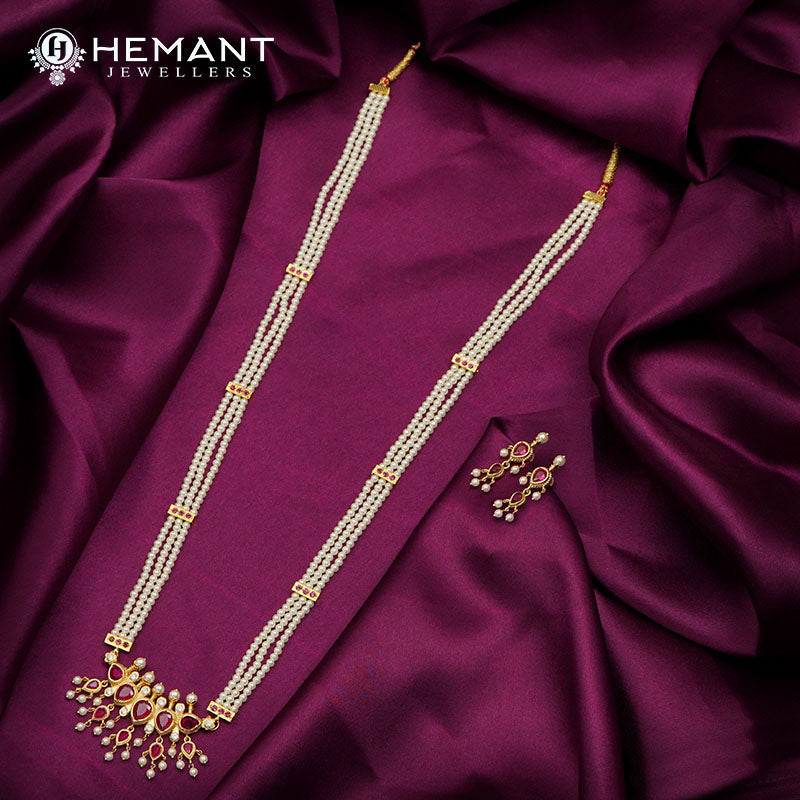 Traditional Maharashtrian Moti Har Long ChinchPeti 3 Line Puneri 5 Stone WT