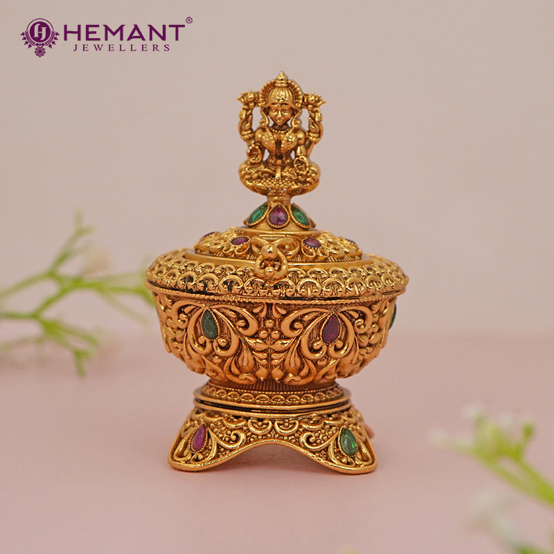 Antique Finish Decorative Kumkum / Sindoor Box with Goddess Lakshmi Figurine