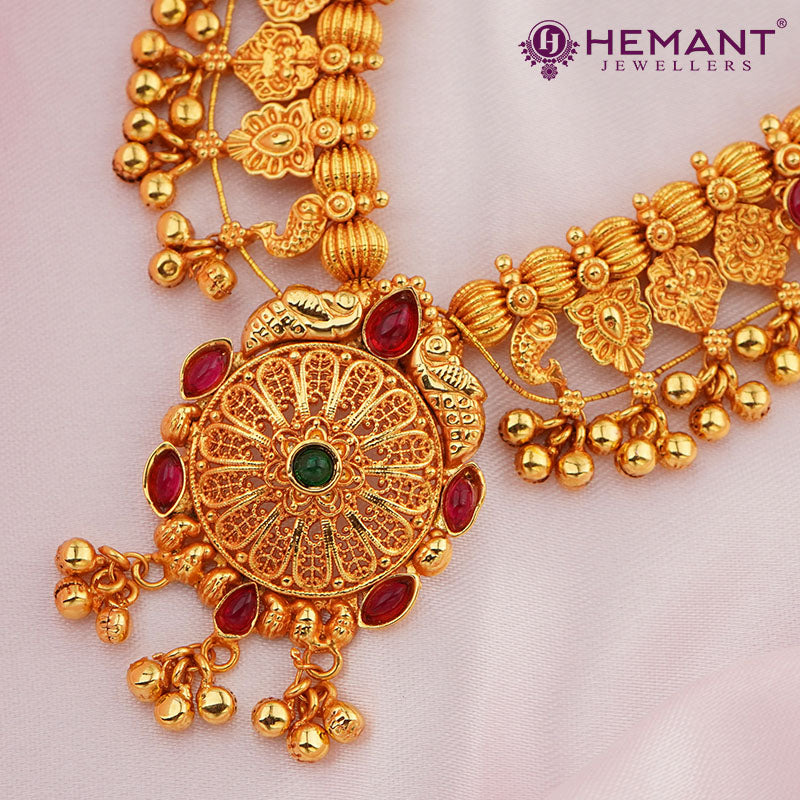 Antique Finish Saaj Jav Geru 5 Panadi 29 Pan Peacock Stone Pendant(with earrings)