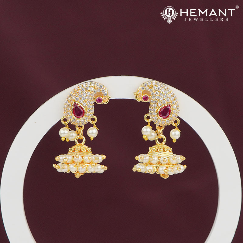 Elegant Swan Ruby and Pearl Jhumka Earrings