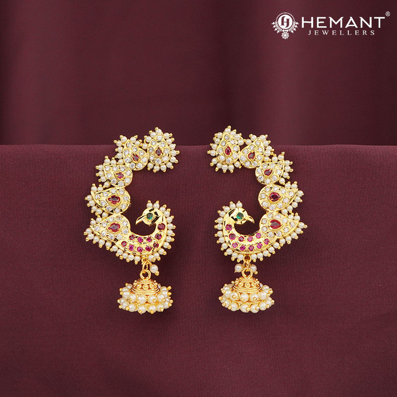 Exquisite Peacock Design Earcuff (Kan) with Pearl and Stone Detailing