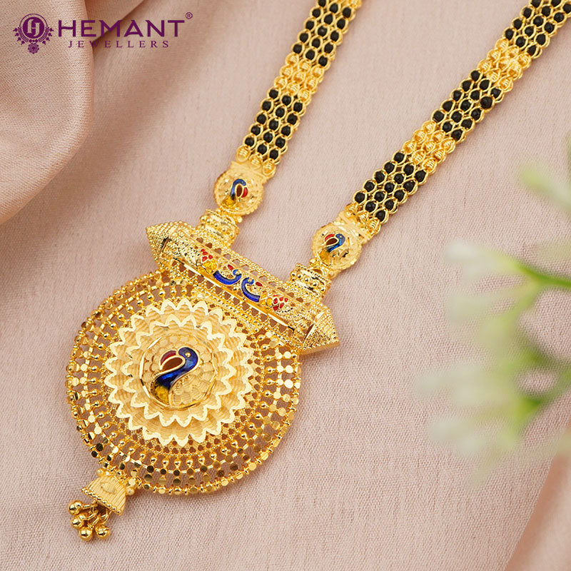 Forming Gold 32" Mangalsutra with Floral & Peacock Pendant with a tint of Meena Work A