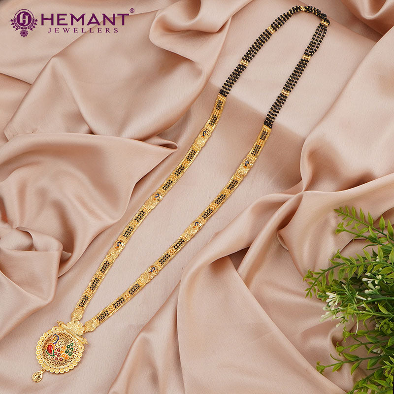 Forming Gold 32" Mangalsutra with Peacock Pendant with a tint of Meena Work