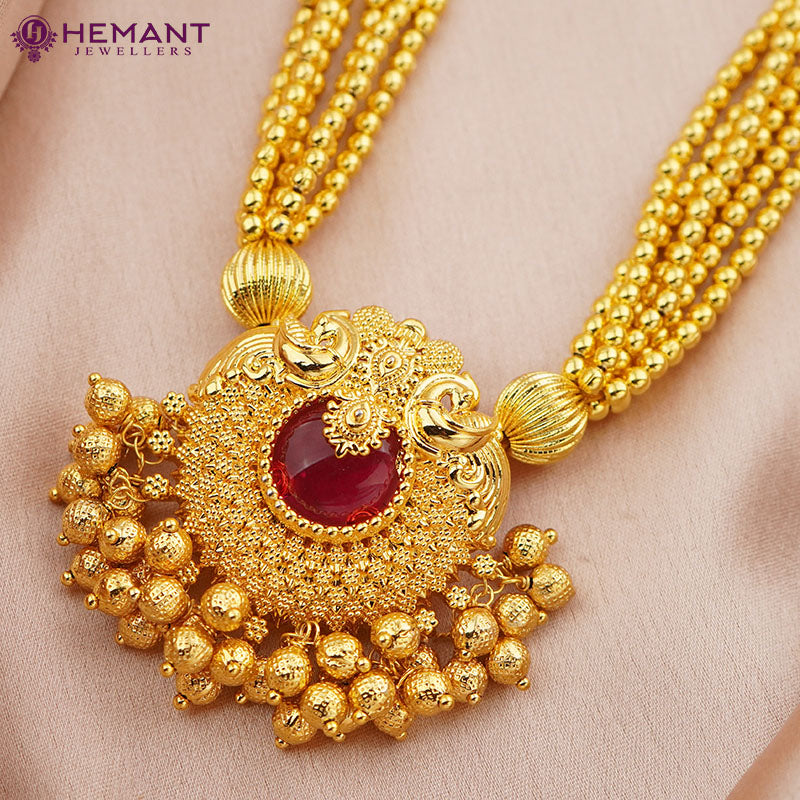 Kolhapuri Jondhale Pot Long Saj Peacock Pendant Thushi | जोंधळे पोत ठुसी (with earrings)