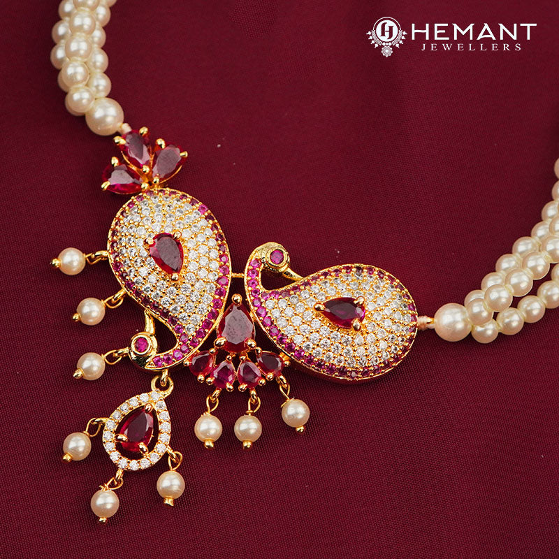 Moti Mala 3 line Peacock Shaped Pendant AD Stone (J13)