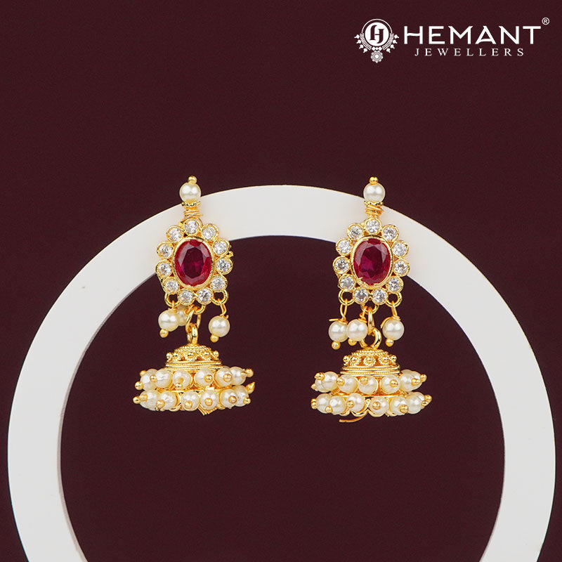 Oval Ruby and Pearl Jhumka Earrings