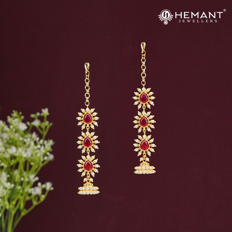 Radiant Kan Earrings with Red Stone and Pearl Jhumka