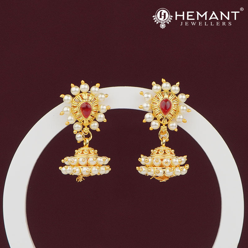 Radiant Sunburst Pearl and Ruby Jhumka Earrings