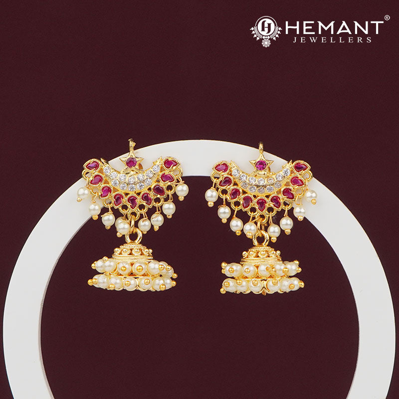 Traditional Chandbali Pearl Jhumka Earrings with Ruby Stones