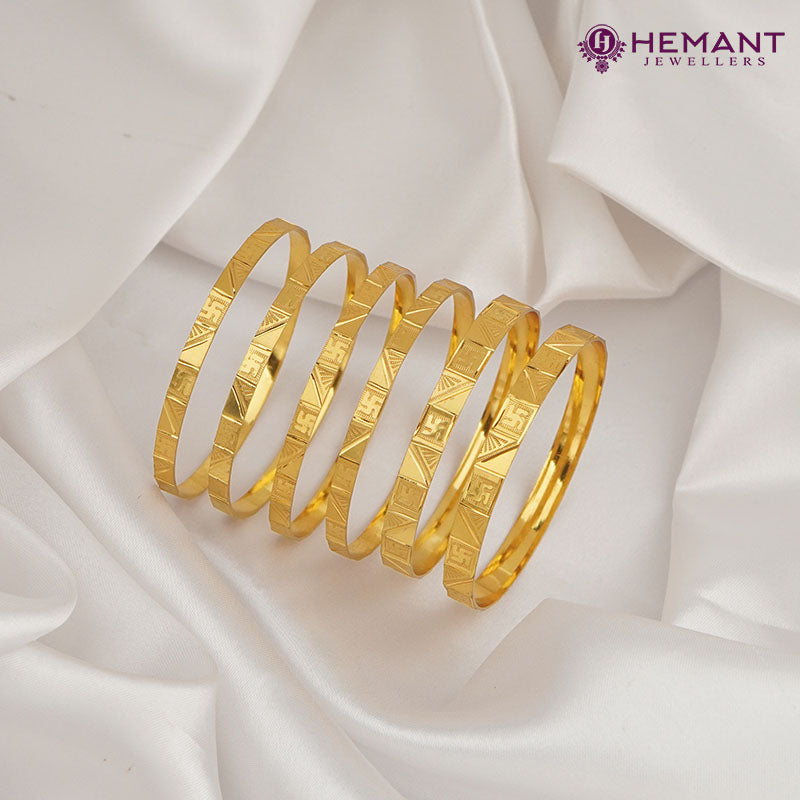 Traditional Forming Gold Patli and Bilwar Bangle Set with Pankha and Swastik Design - Perfect for Everyday Wear (पाटली आणि बिलवार बँगल्स सेट)