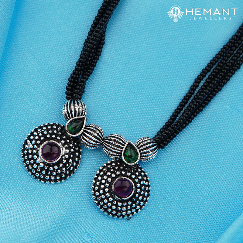Traditional Maharashtrian Kolhapuri Mangalsutra Long 2 Wati Silver (Oxidized) with earrings