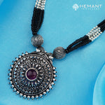 Traditional Maharashtrian Kolhapuri Mangalsutra Rava Peacock Silver (Oxidized) with earrings 