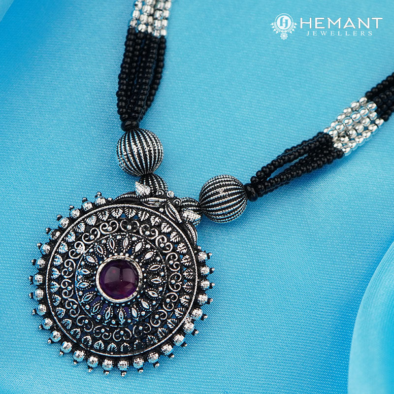 Traditional Maharashtrian Kolhapuri Mangalsutra Rava Peacock Silver (Oxidized) with earrings 