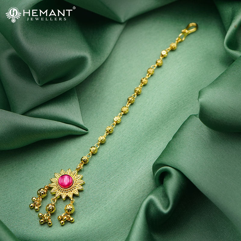 Traditional Maharashtrian Kolhapuri Micro Gold Plated Bindi Flower 3 Ghas (Maang Tikka)