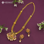 Traditional South Indian Gold-Tone Necklace/Haram Set with Goddess Lakshmi Pendant and Pearl Drops | 1