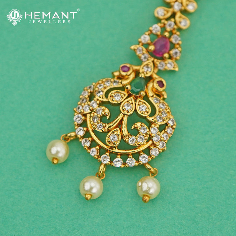 Antique Finished Maang Tikka with Sparkling CZ, Ruby, and Pearl Drops - 4084