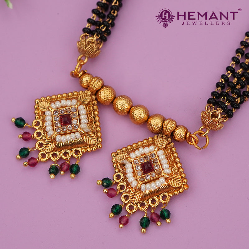Antique Long Mangalsutra Set with Square Pearl and CZ Pendant | Fashion Jewellery - 5244