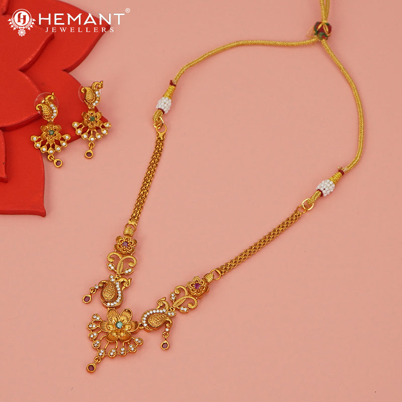 Antique Peacock and Floral Necklace Set with Stud Earrings - 3923