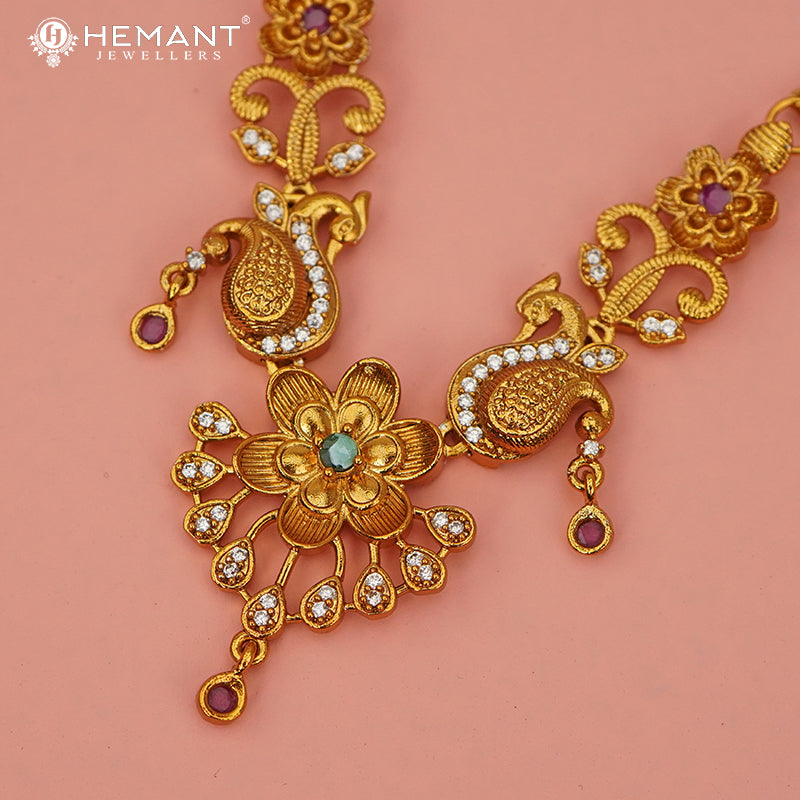 Antique Peacock and Floral Necklace Set with Stud Earrings - 3923