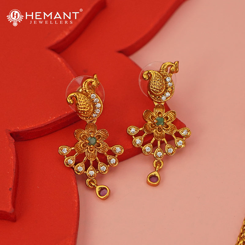 Antique Peacock and Floral Necklace Set with Stud Earrings - 3923