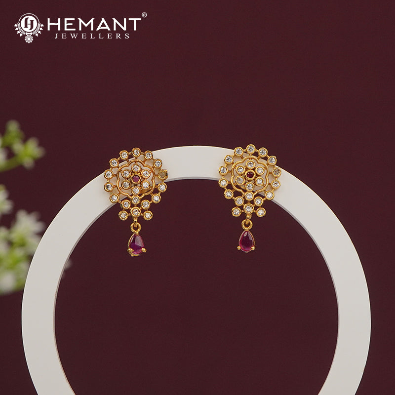 Elegant Antique Finish Ruby Pink CZ Stone Stud Earrings 