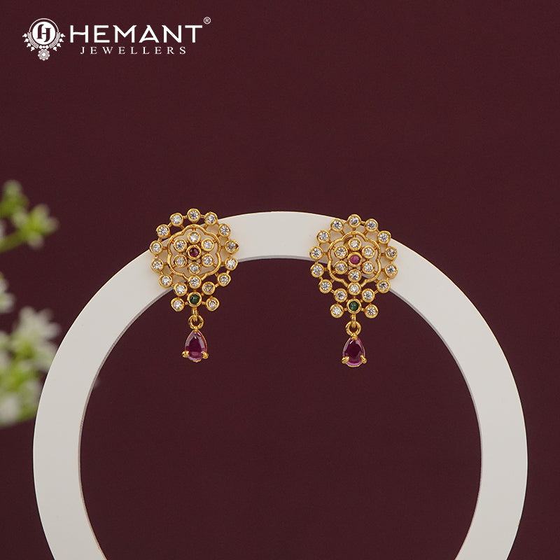 Elegant Antique Finish Ruby Pink CZ Stone Stud Earrings 