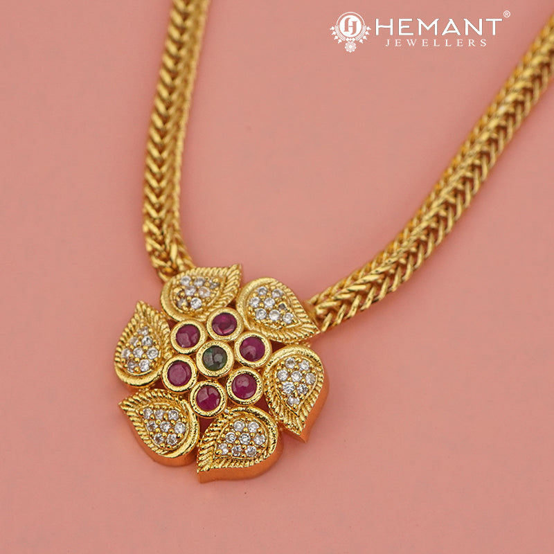 Elegant Floral Design AD and Kemp Stone Pendant Necklace Set with Stud Earrings - 4611