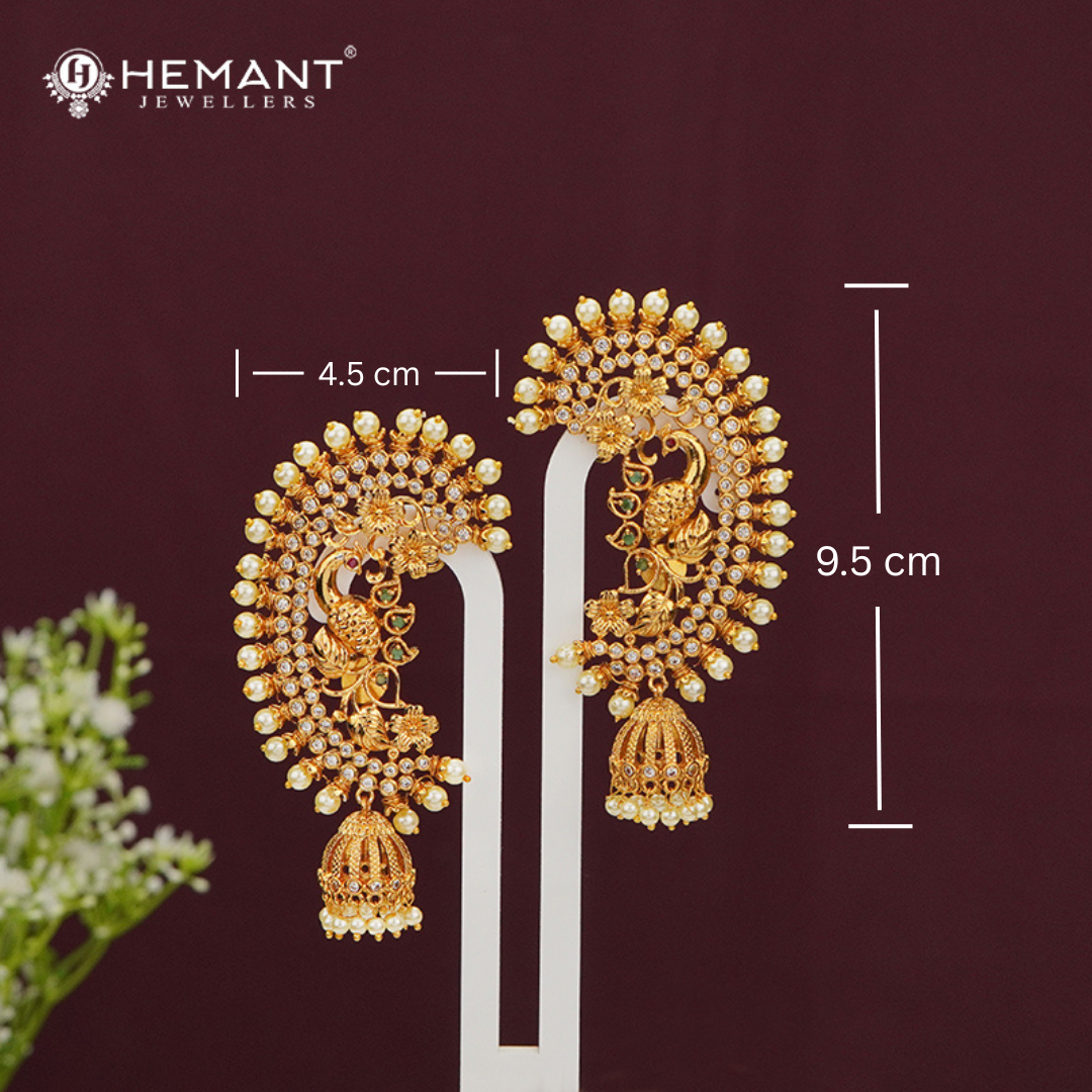 Peacock Motif Antique Finish Earcuffs/Kan with Pearl Drops - 4670