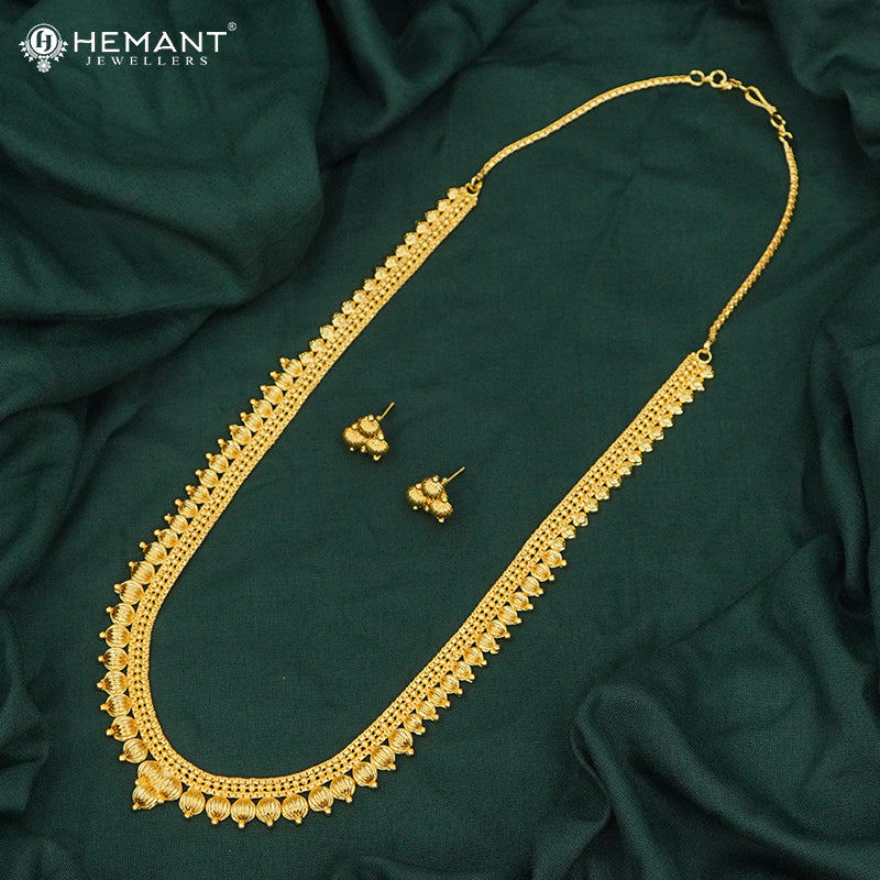 Ornate Gold Finish Long Necklace Set with Textured Bead Motifs and Stud Earrings - 5225