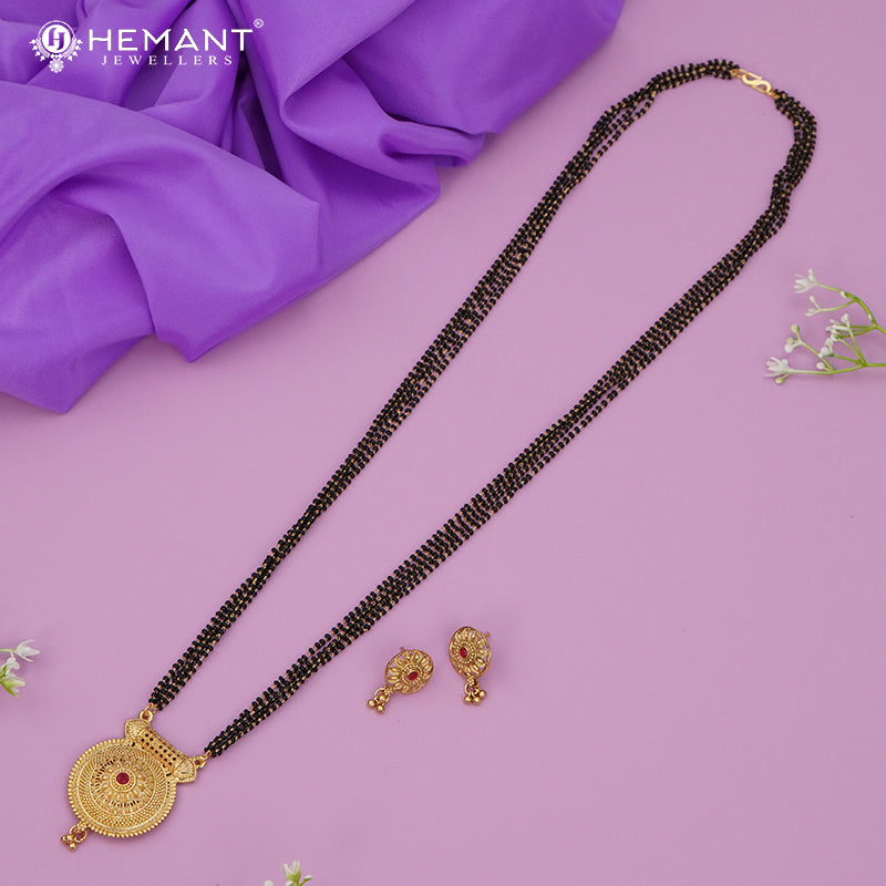 Traditional Antique Gold Finish Long Four Layer Mangalsutra Set Earrings