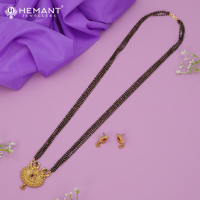 Traditional Antique Gold Finish Long Four Layer Mangalsutra Set Earrings