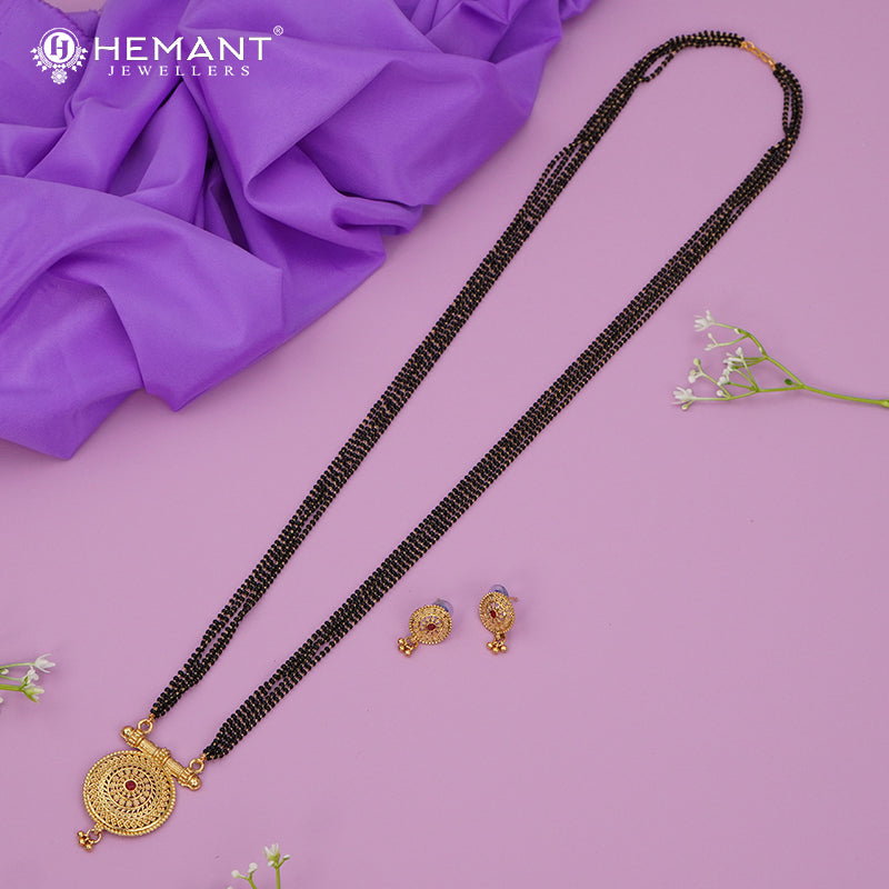 Traditional Antique Gold Finish Long Four Layer Mangalsutra Set Earrings