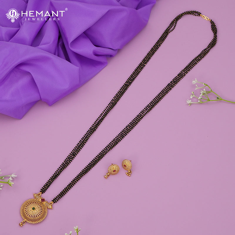 Traditional Antique Gold Finish Long Four Layer Mangalsutra Set Earrings