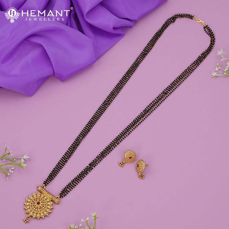 Traditional Antique Gold Finish Long Four Layer Mangalsutra Set Earrings