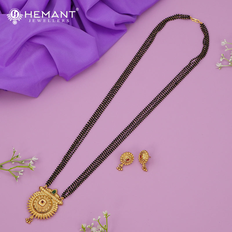 Traditional Antique Gold Finish Long Four Layer Mangalsutra Set Earrings