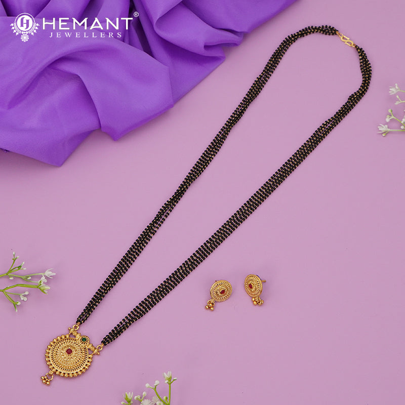 Traditional Antique Gold Finish Long Four Layer Mangalsutra Set Earrings