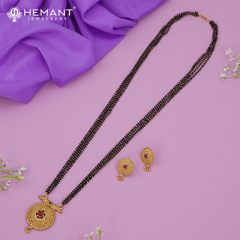 Traditional Antique Gold Finish Long Four Layer Mangalsutra Set Earrings