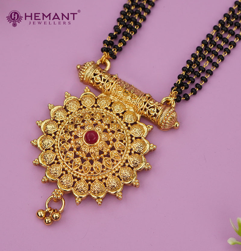 Traditional Antique Gold Finish Long Four Layer Mangalsutra Set Earrings