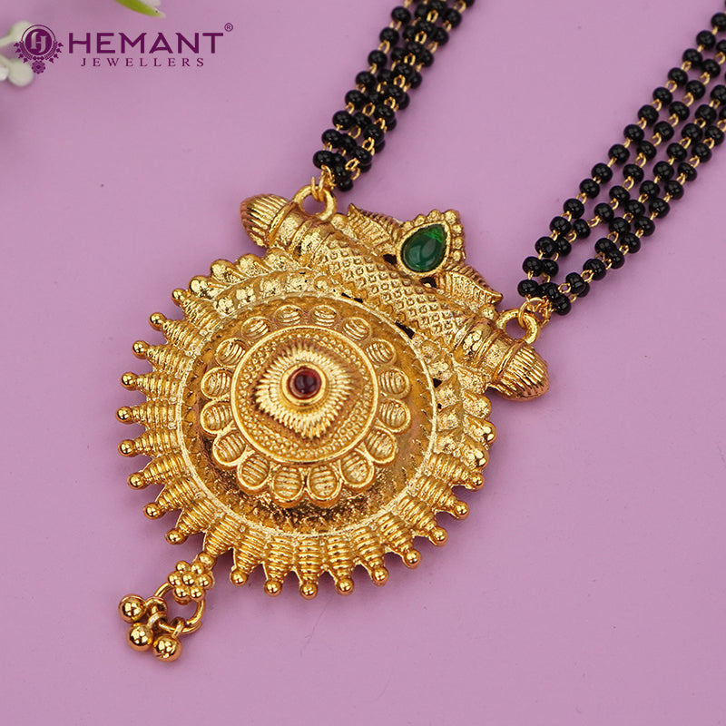 Traditional Antique Gold Finish Long Four Layer Mangalsutra Set Earrings