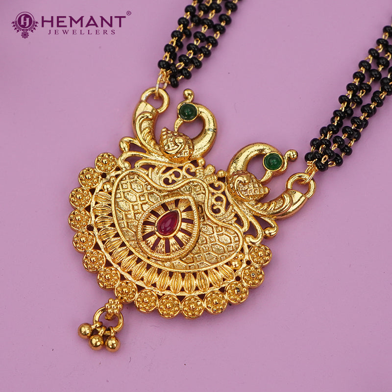 Traditional Antique Gold Finish Long Four Layer Mangalsutra Set Earrings