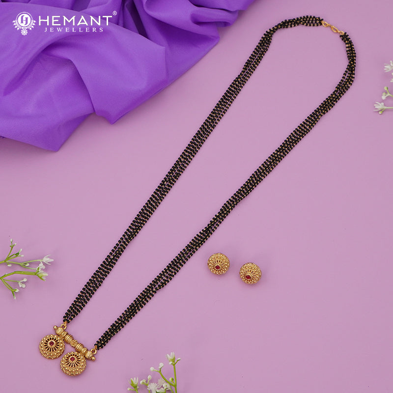 Traditional Antique Gold Finish Long Four Layer Vati Mangalsutra Set with Earrings