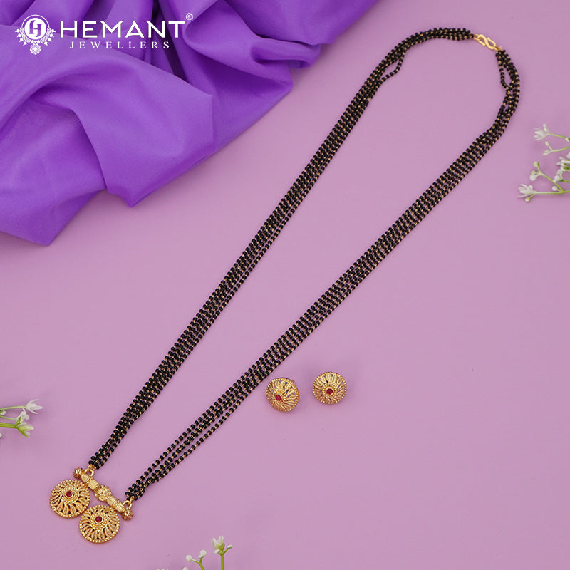 Traditional Antique Gold Finish Long Four Layer Vati Mangalsutra Set with Earrings