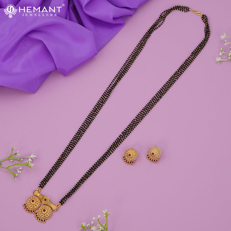 Traditional Antique Gold Finish Long Four Layer Vati Mangalsutra Set with Earrings