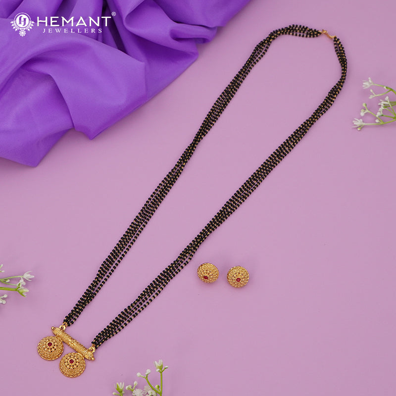 Traditional Antique Gold Finish Long Four Layer Vati Mangalsutra Set with Earrings
